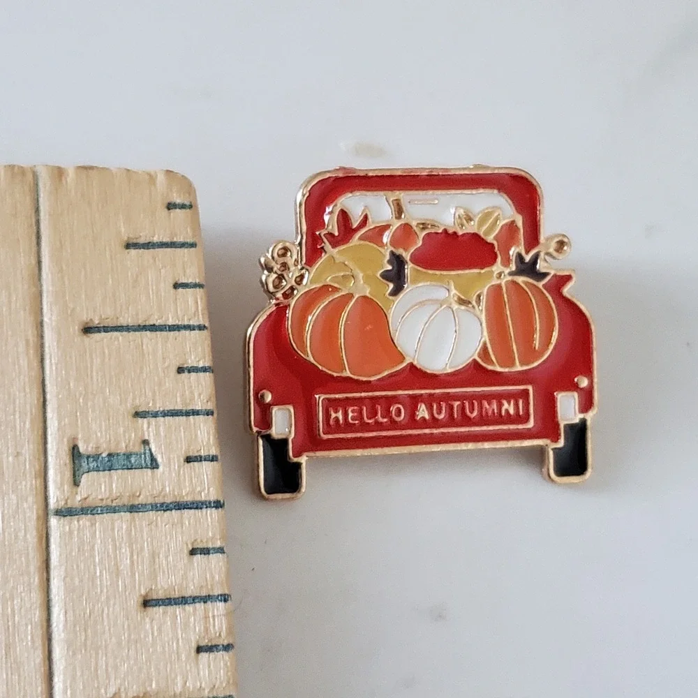 Hello Autumn Red Truck Pumpkin Enamel Pin Gold Tone Fall Harvest Lapel Pin 1Inch